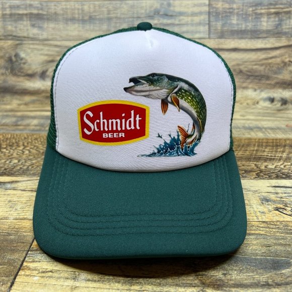 Defunct Schmidt Beer Fish Mens Trucker Hat Green Snapback Retro Lager Throwback - Picture 2 of 8